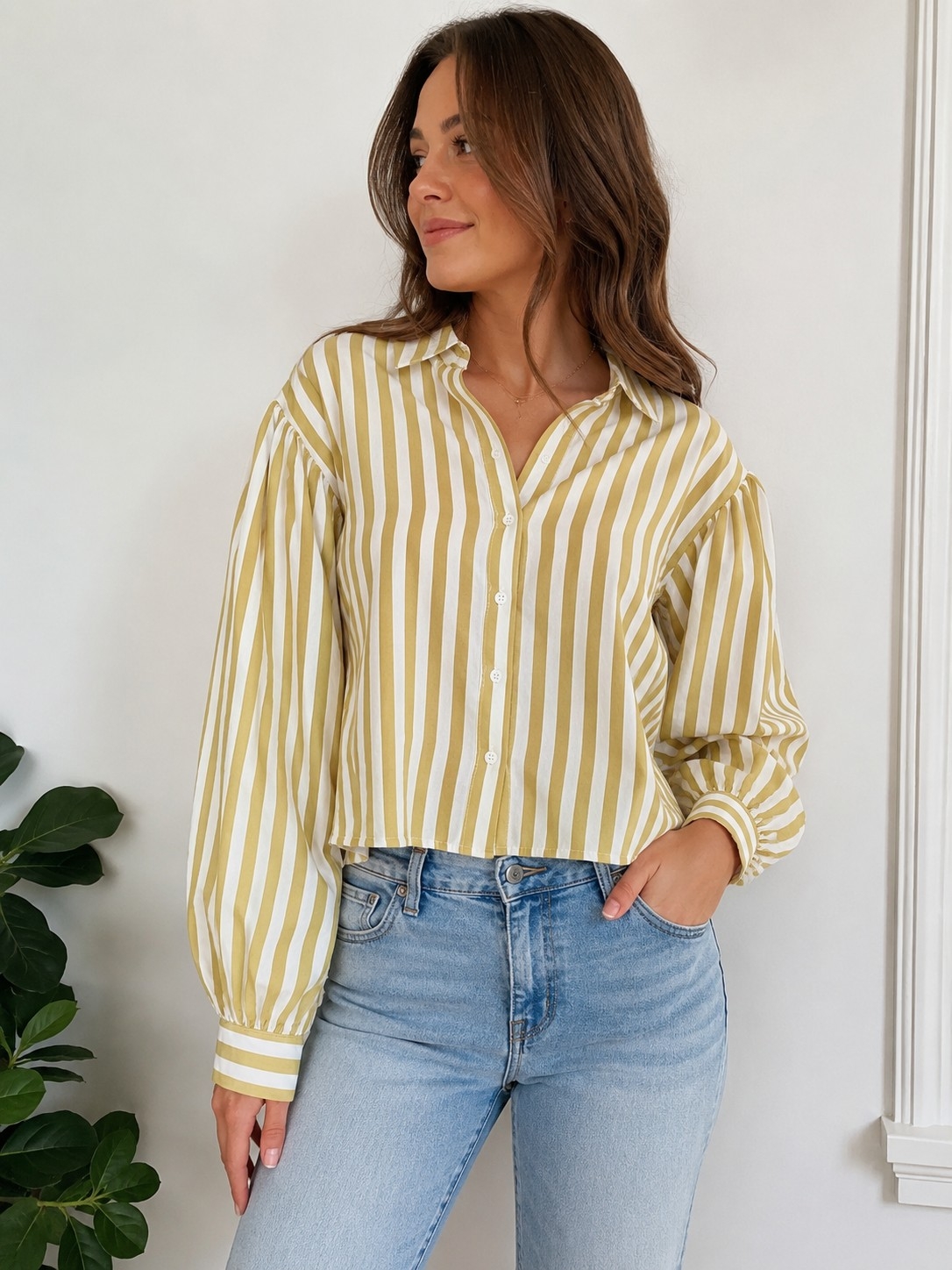 Striped Mustard & White Button-Down Blouse